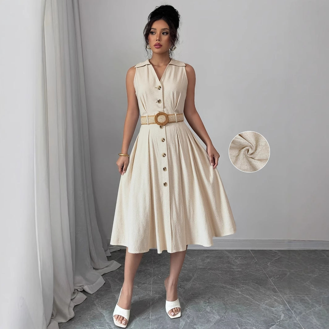 Women V-neck Sleeveless Belt Shirt Dress 7