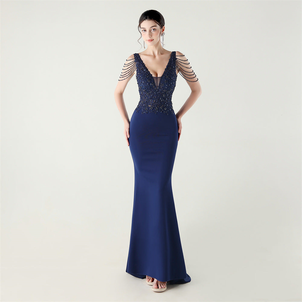 Women Heavy Lace Beaded Slit Fishtail Skirt Sexy Elegant Evening Evening Dress 18