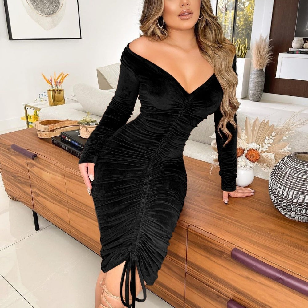 Women Sexy V-Neck Off Shoulder Velvet Pleated Midi Dress 3