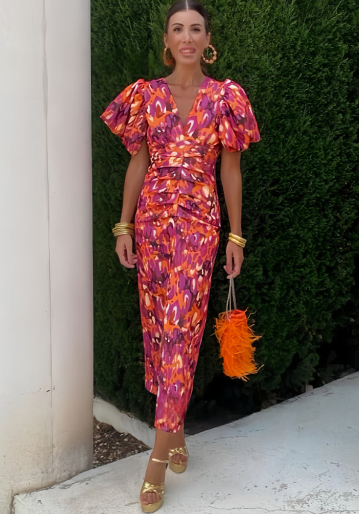 Printed V-Neck Slim Waist Puff Sleeve Bodycon Dress