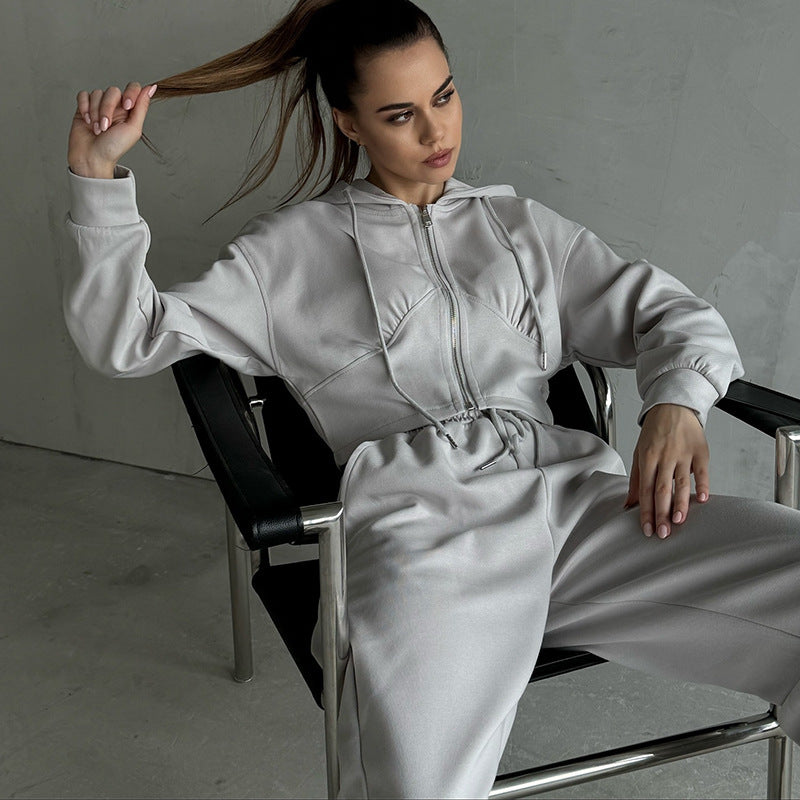 Women Fall Casual Long Sleeve Zipper Hoodies andSolid Lace-up PantsTwo Piece Set