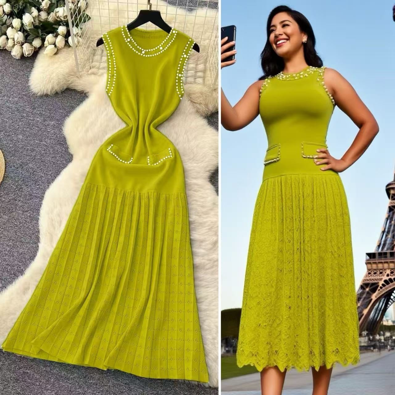 Women's Summer Beaded Sleeveless Knitting Long Dress