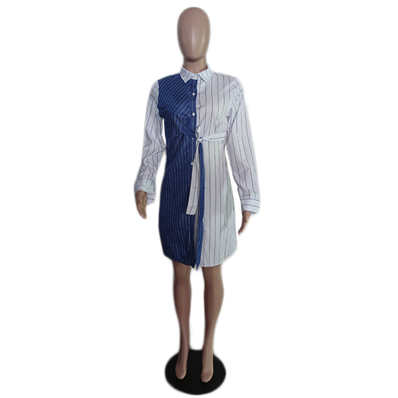 Women Contrast Color Long Sleeve Striped Shirt Dress 5
