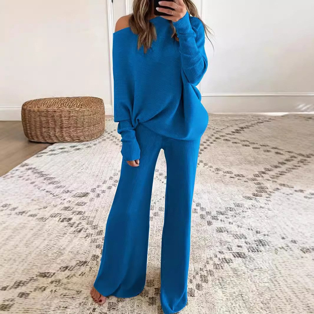 Women's Autumn Winter Solid Color Slash Shoulder Sweater Top Fashion Casual Pants Two Piece Set