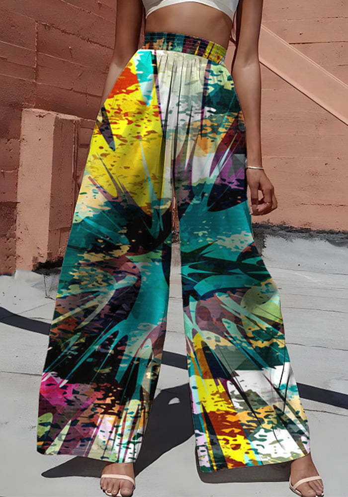 Spring and Summer Casual Print Slim Waist Wide Leg Pants