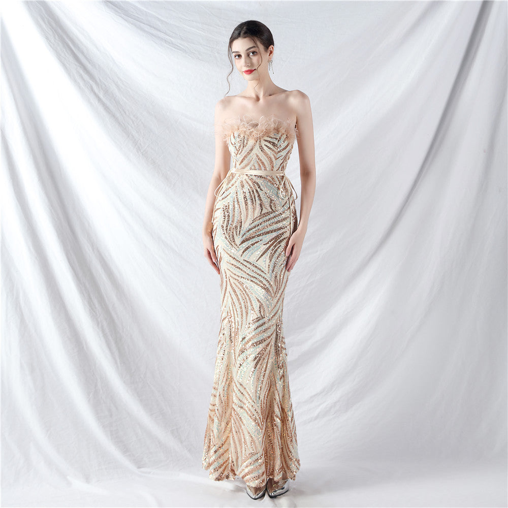 Elegant Feather Strapless Lace-Up Strap Sequin Evening Dress 13