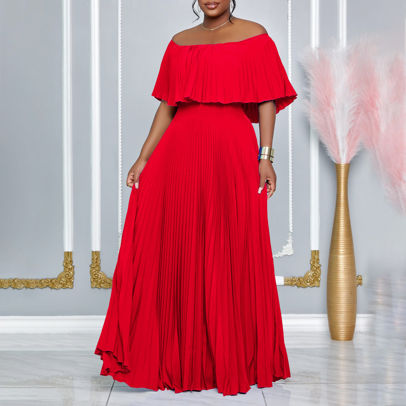 Women Sexy Off Shoulder Off Shoulder Pleated Maxi Dress 3