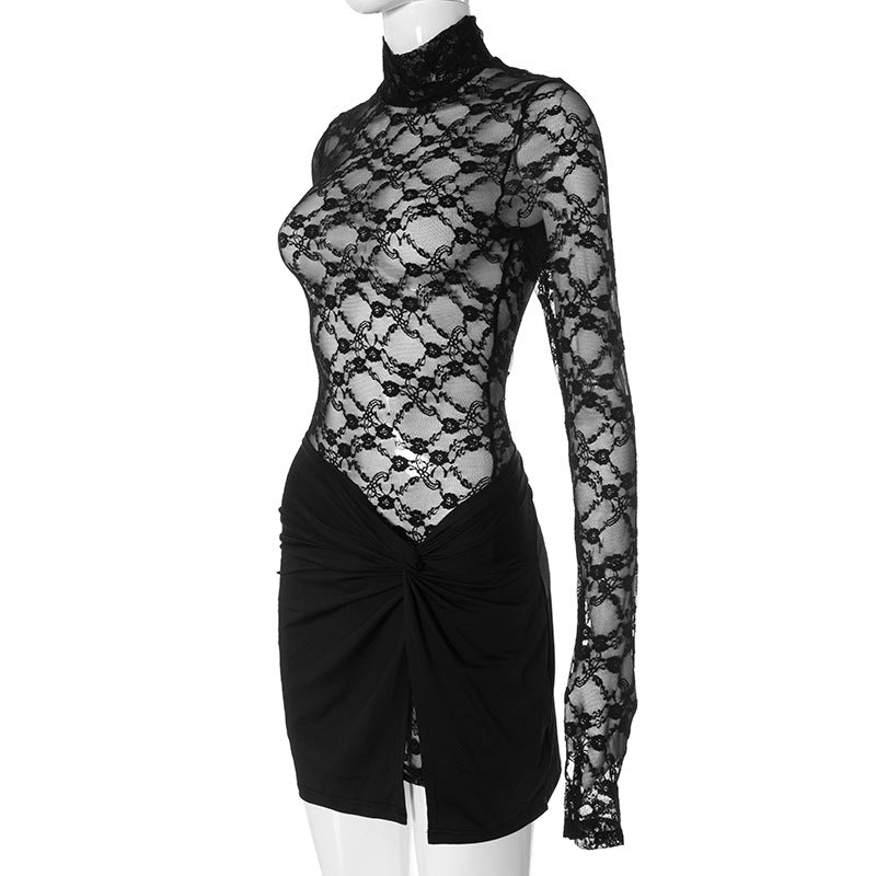 Women Solid Lace See-Through Long Sleeve Top and Skirt Two-piece Set 9