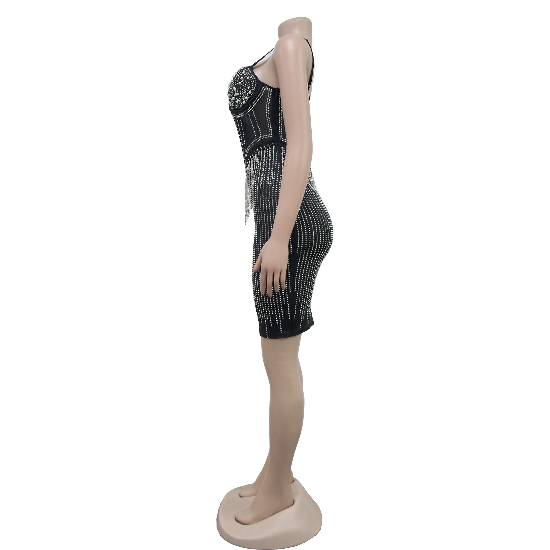 Fashionable Women's Solid Color Mesh Beaded Suspender Skirt Dress 17