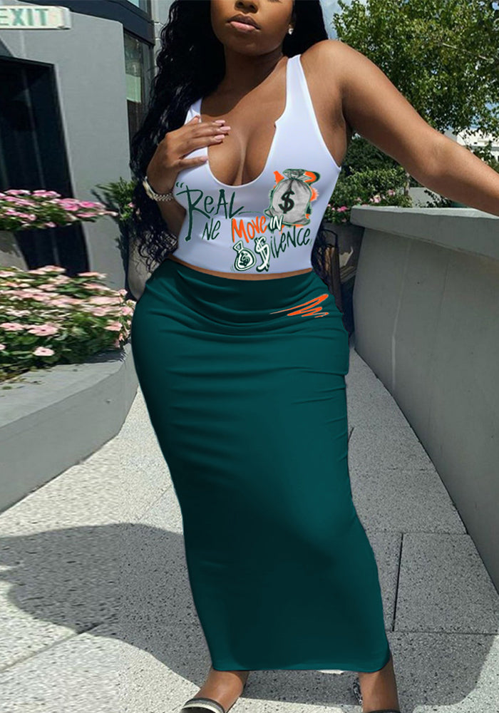 Summer Letter print Tank Top Slim Long Skirt Two piece set