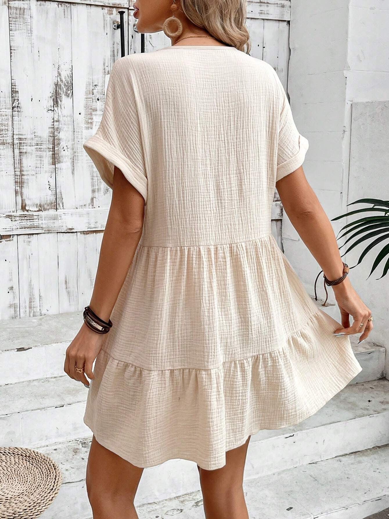 Women Solid V-neck Loose Pleated Dress 14