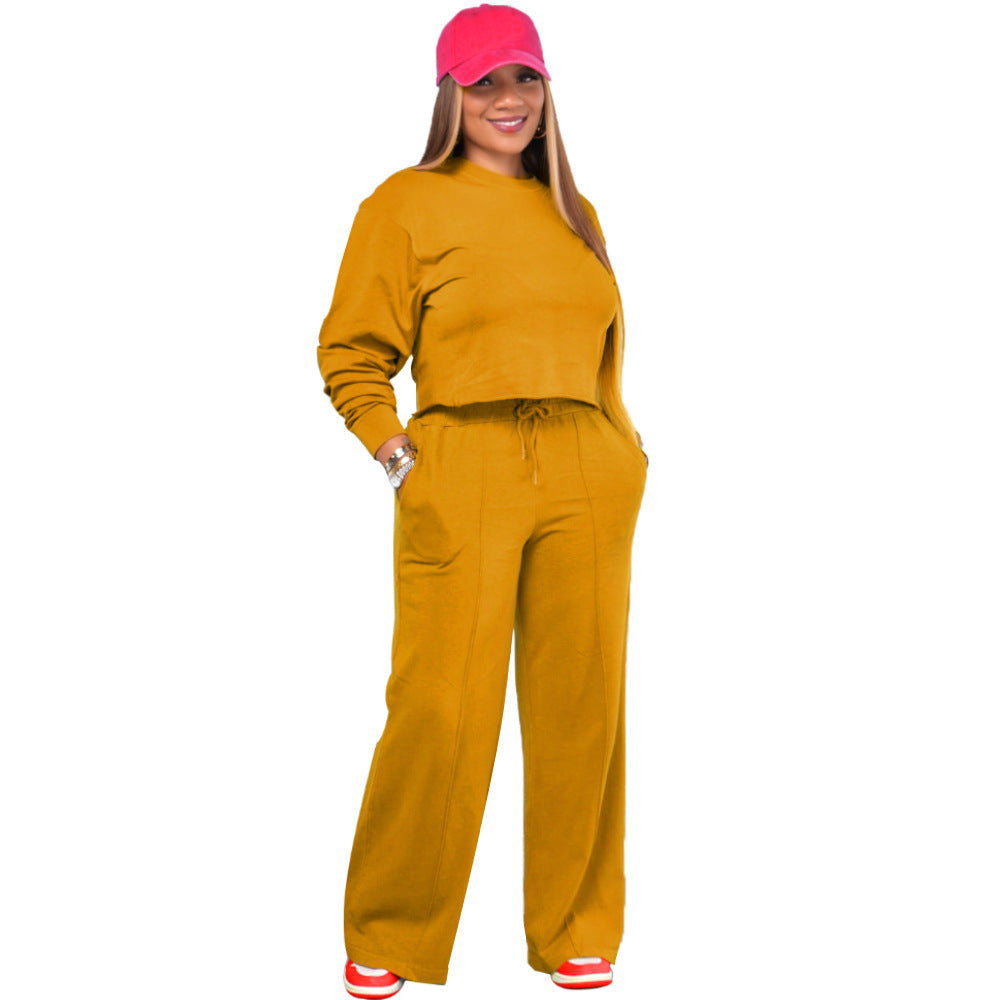 Solid Color Long Sleeve Pocket Straight Pants 2 Piece Set