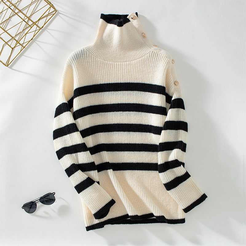 Striped Turndown Collar Pullover Ladies Women Knitting Shirt Autumn Winter Casual Button Sweater 7