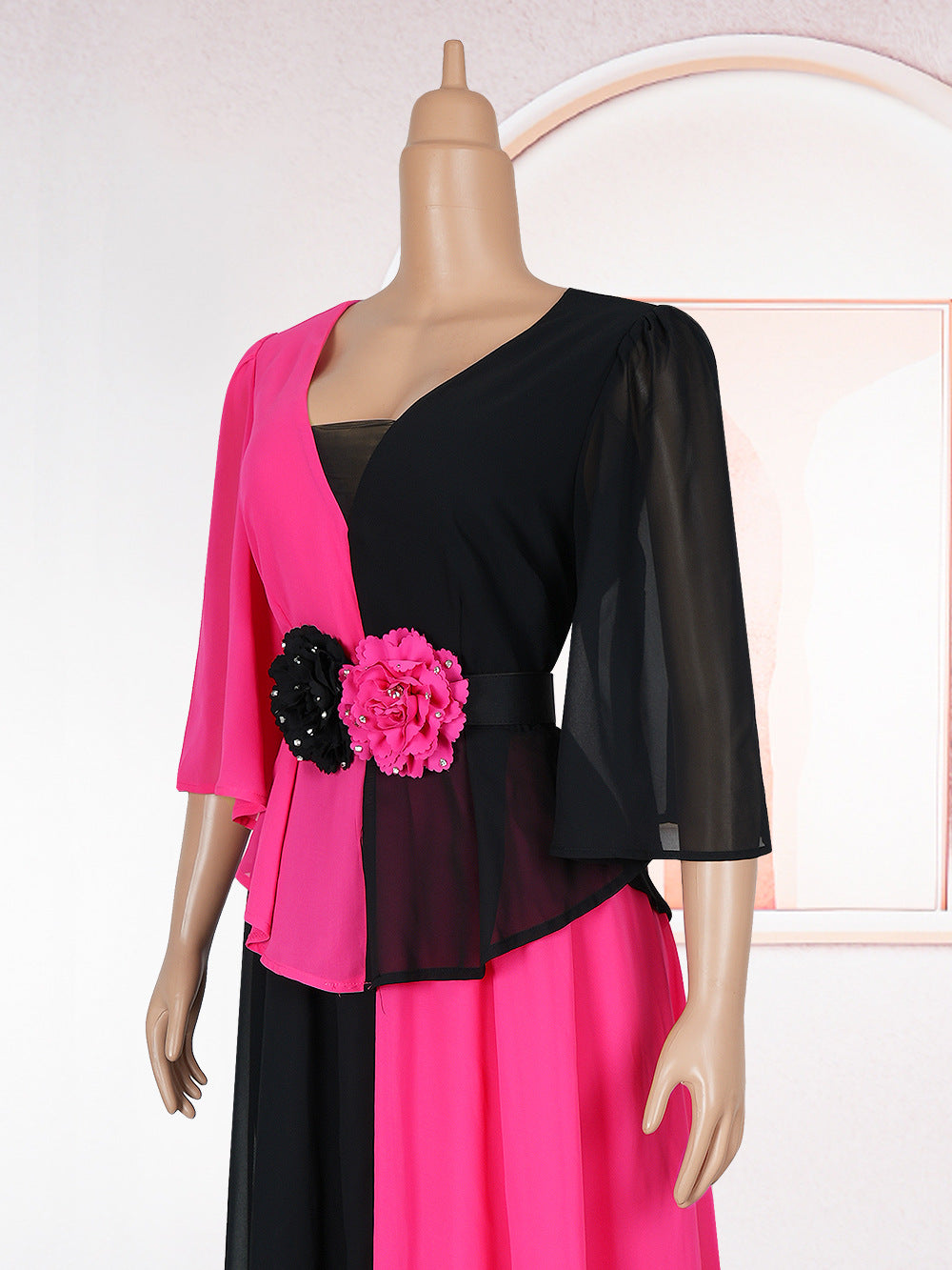 African Women's Elegant Plus Size Chiffon Patchwork Contrast Long Dress 11