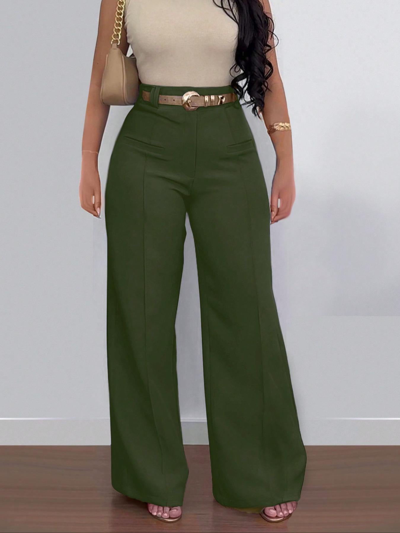 Women's Plus Size Fashion Casual Solid Color Wide-Leg Pants Slim Straight-Leg Trousers( Belt Not Included) 5