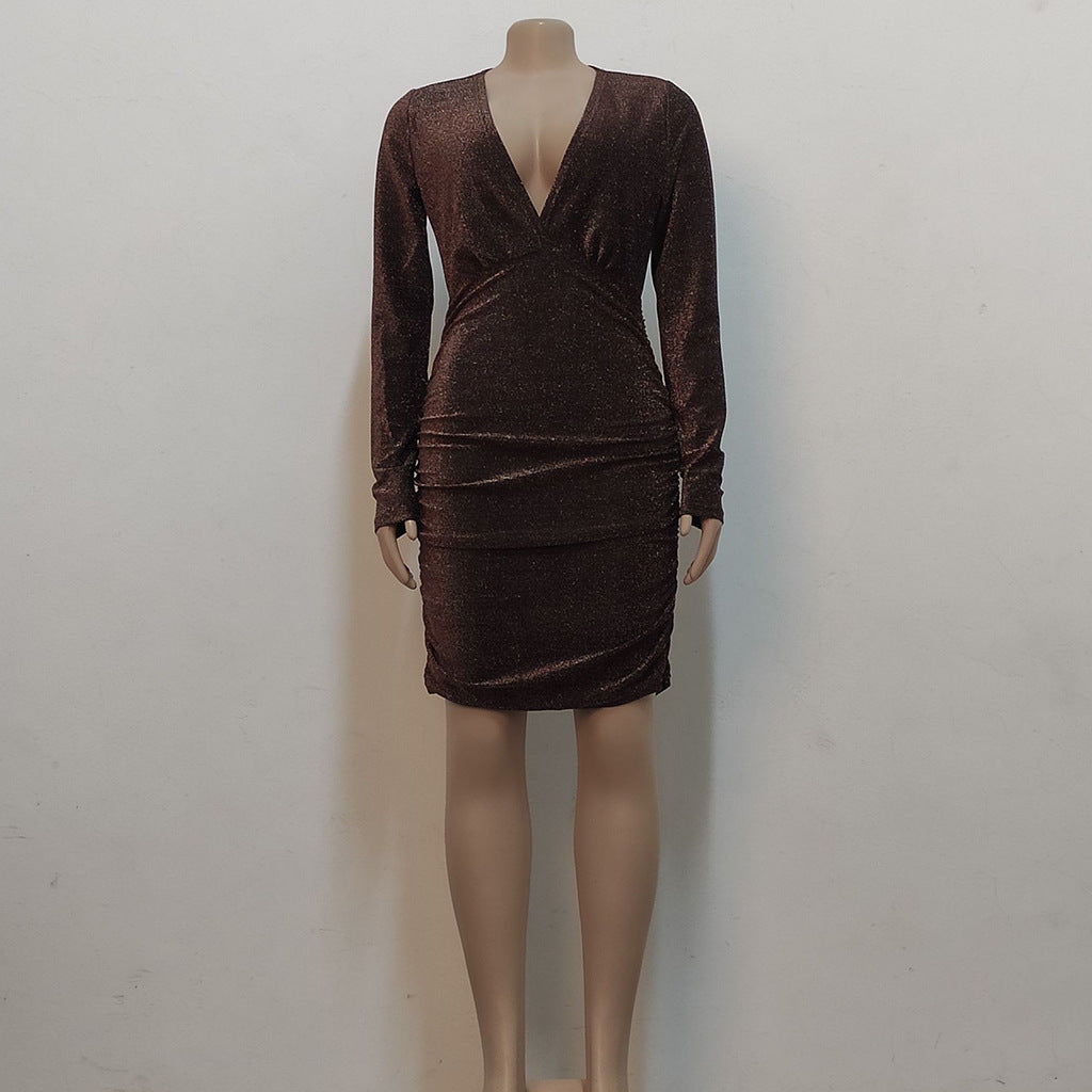 Sexy Fashion Bright Silk V-Neck Women's Long Sleeve Dress 13