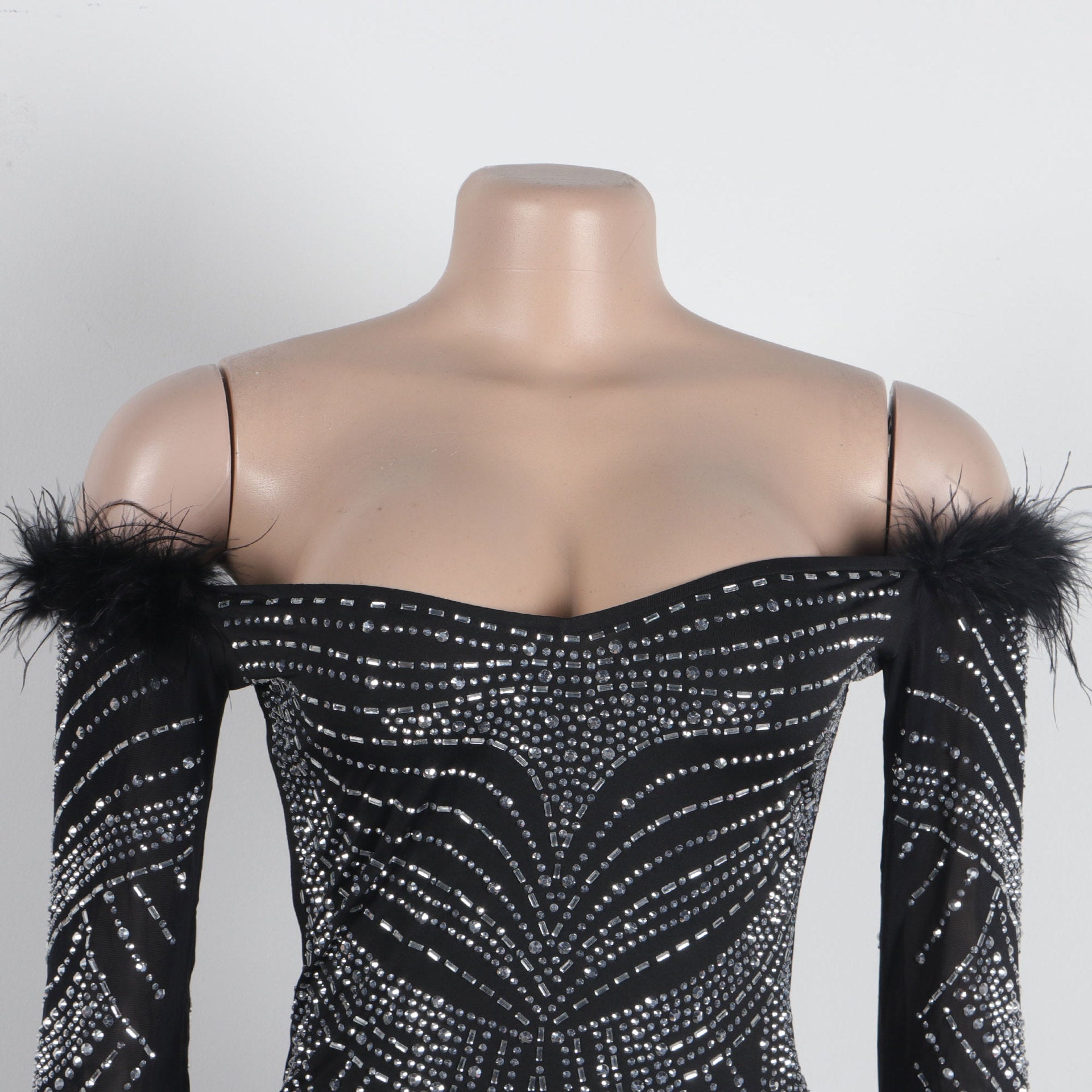 Women's Beaded Feather Off Shoulder Bodycon Dress 18