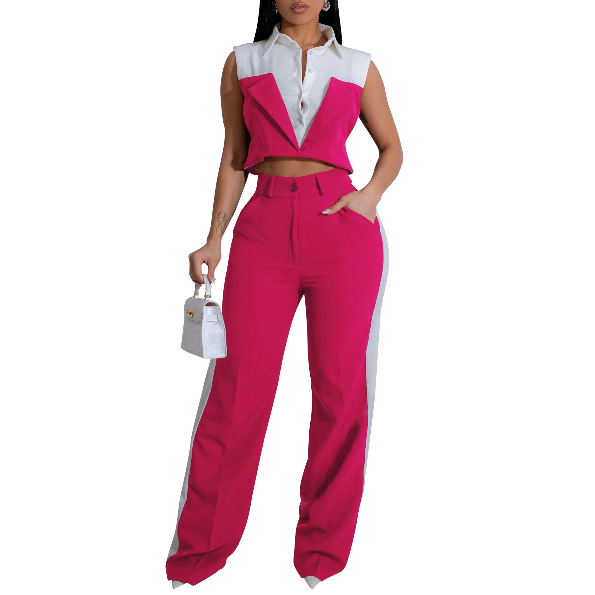 Summer Women's Sleeveless Shirt Pants OL Two-Piece Set 12