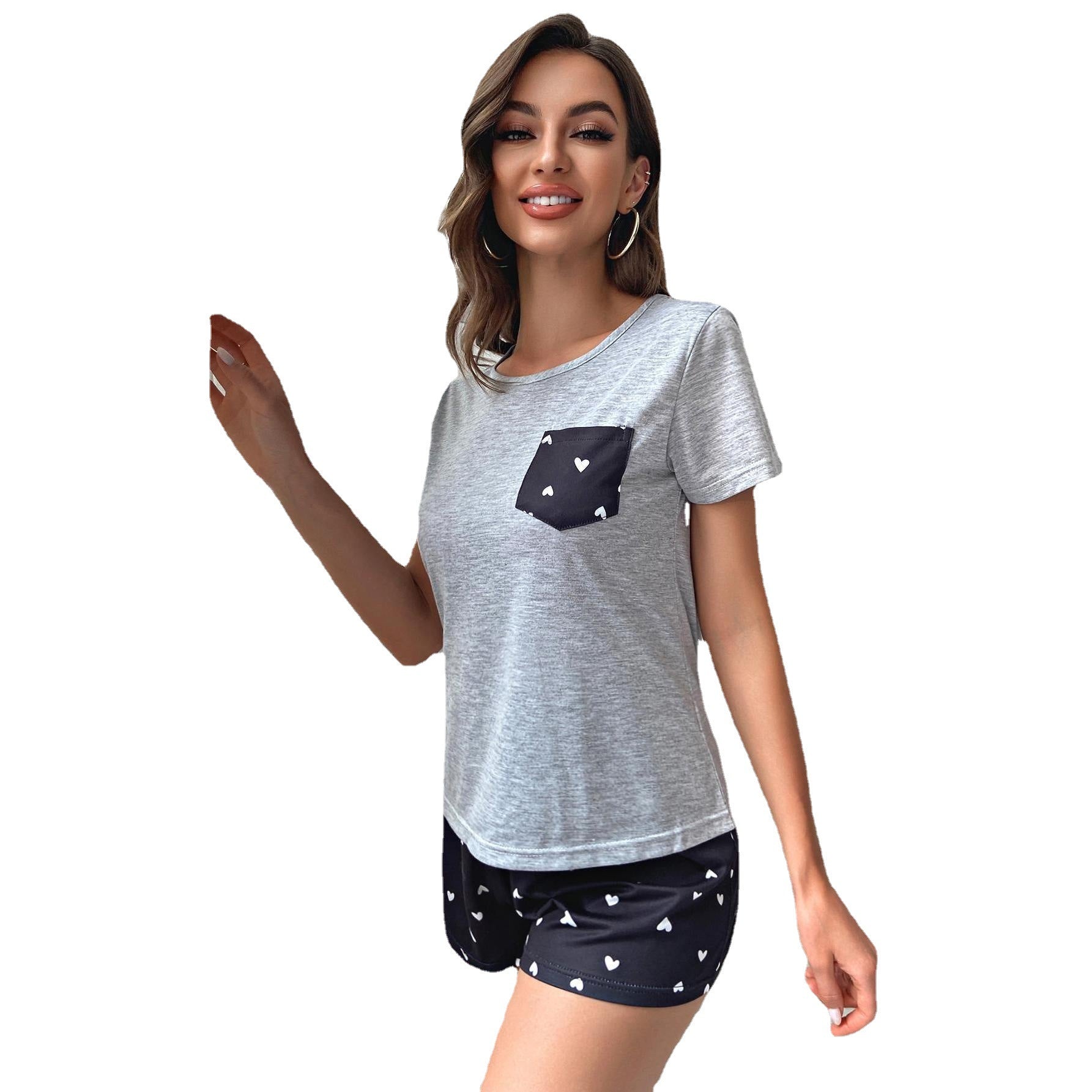 Women Summer Short Sleeve Heart Print Casual Loungewear Two-Piece Set 7