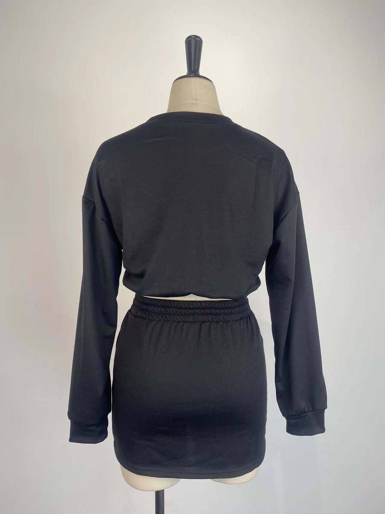 Women Long-Sleeved Solid Bodycon Skirt Two-Piece Set 16