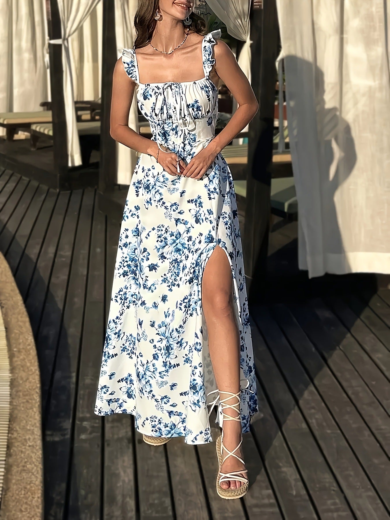 Women Summer Floral Print Square Neck Slit Lace Sexy Dress