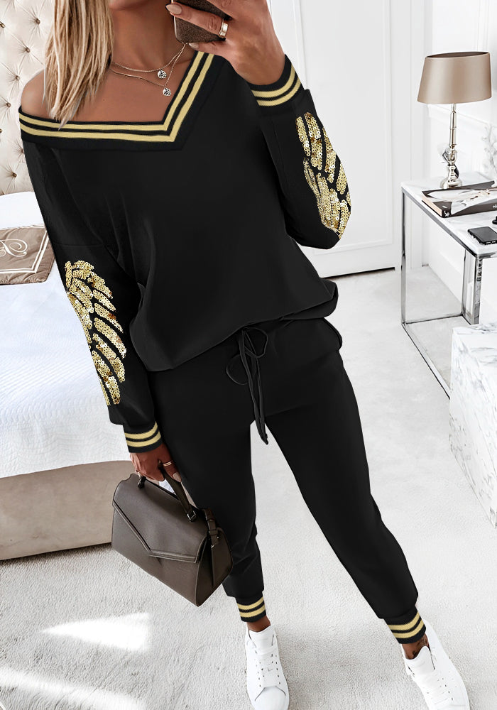 Autumn Winter Women V-Neck Long Sleeve Top Pocket Pants Casual Two-Piece Set