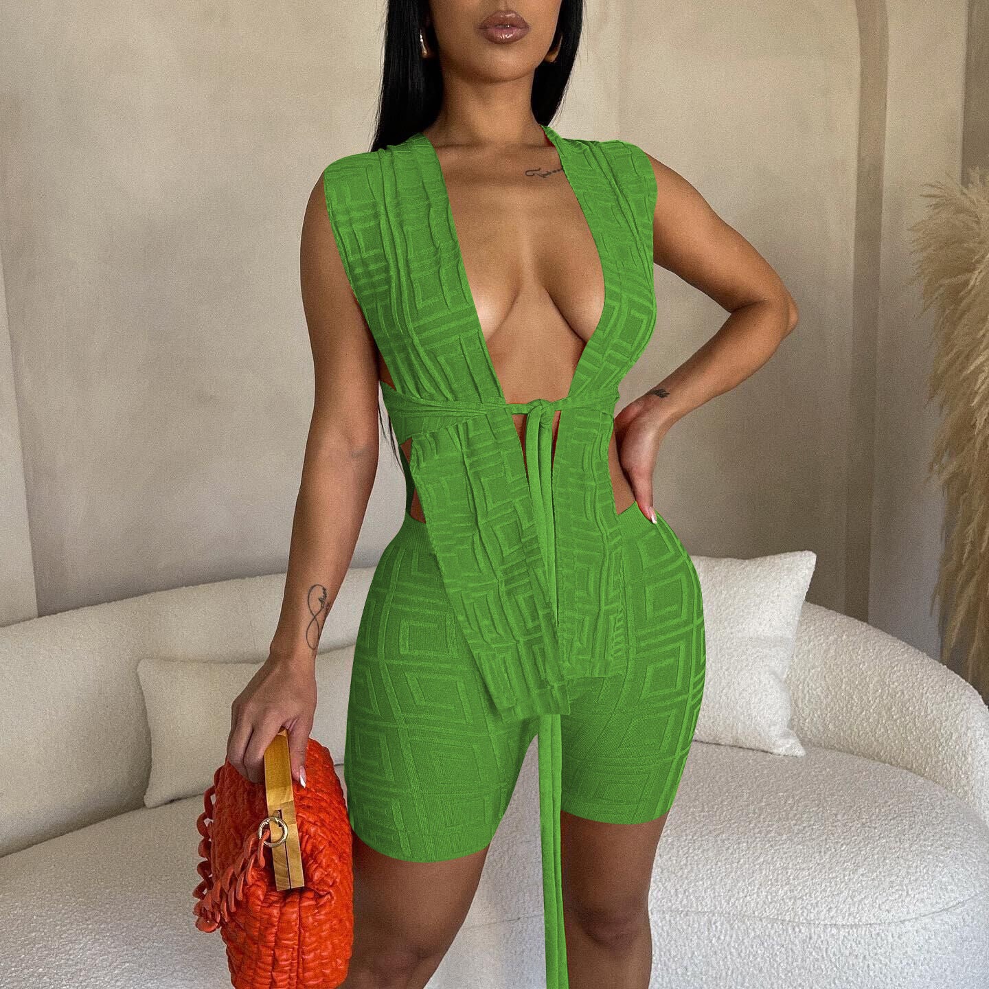 Women's Fashion Jacquard Sexy Tank + Shorts Two-Piece Set 3