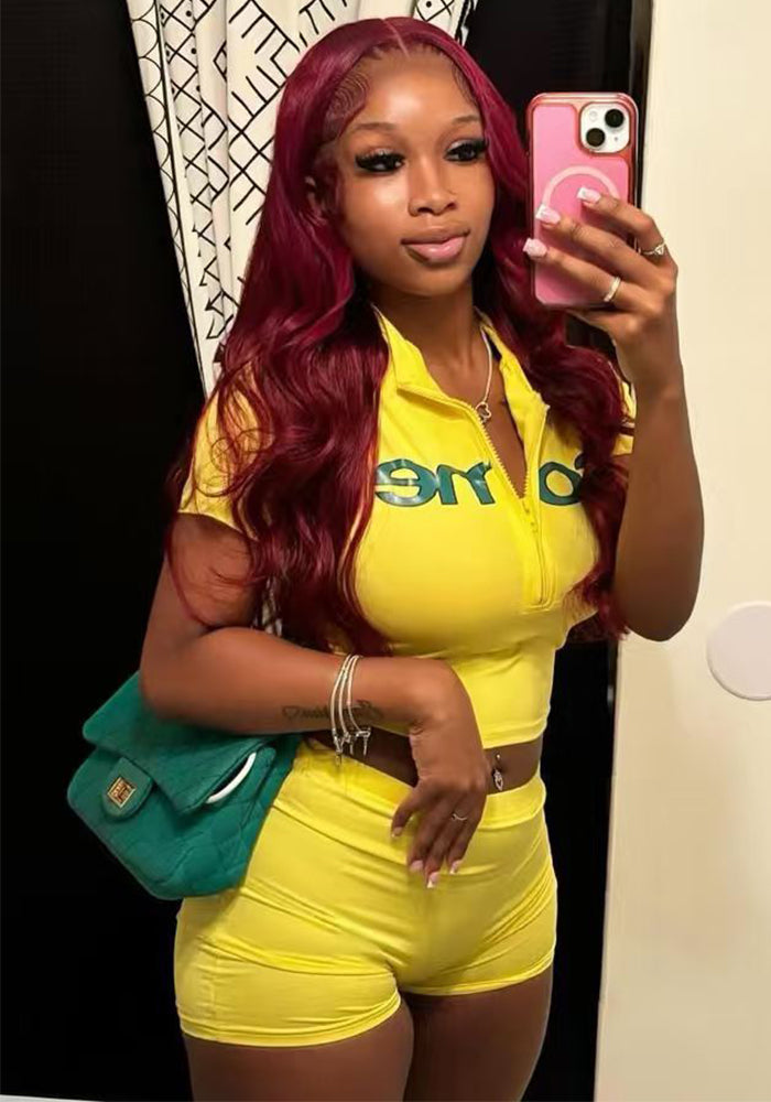 Women Summer Letter Printed Sexy Solid Top and Shorts Two-Piece Set