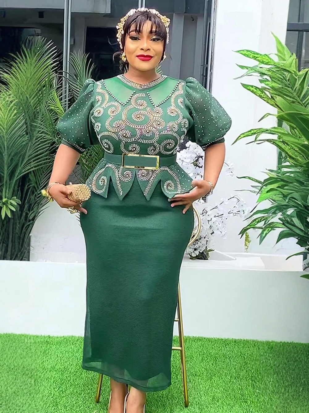 Plus Size African Women Beaded Puff Sleeve Bodycon Dress 6