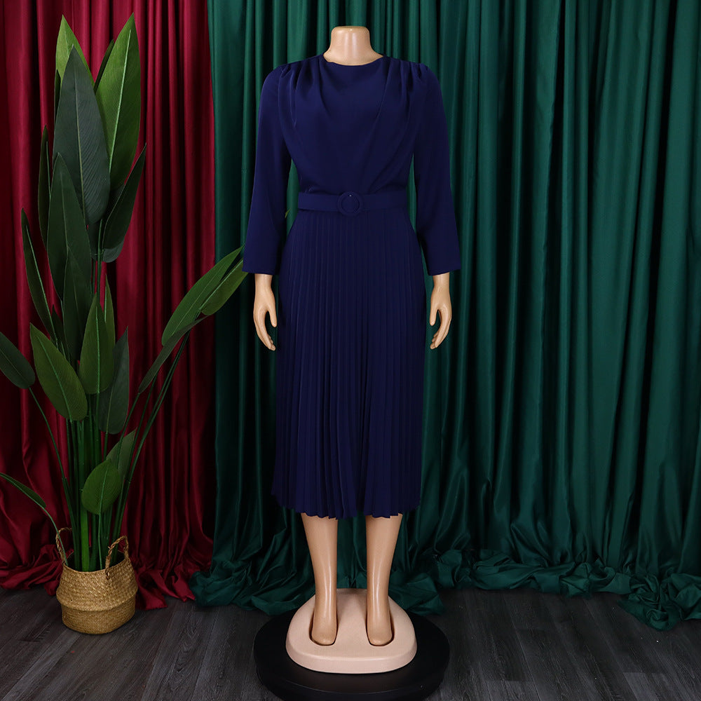 Plus Size African Women Chic Elegant Pleated Career Solid Dress 44