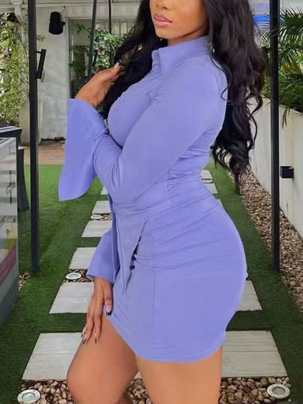 Women Solid Long Sleeve Top Bodycon Skirt Two-piece Set 7