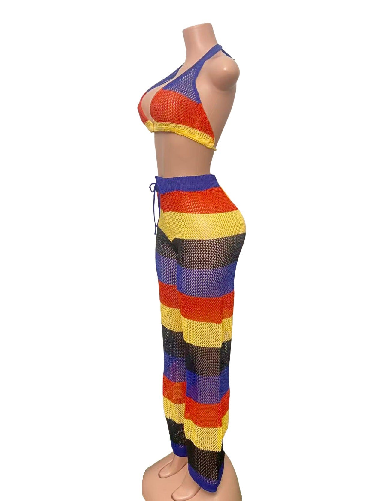 Women multi-color striped halter neck backless top and knitting pant, sexy see-through mesh two-piece set. 13