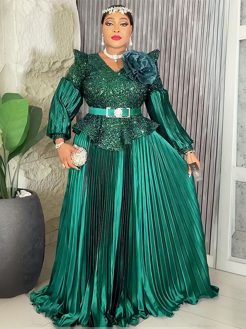 Sequin V-Neck Fashion Plus Size Dubai Elegant Long Gown 6