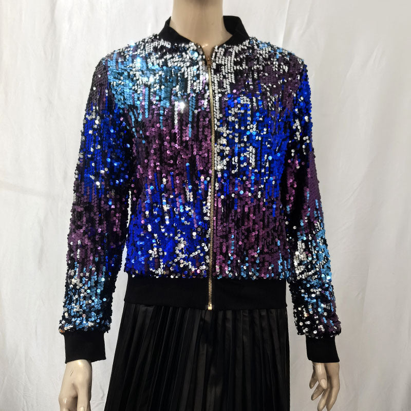 Women's Tops Fashion Color Block Sequin Style Short Zipper Jacket Coat 3