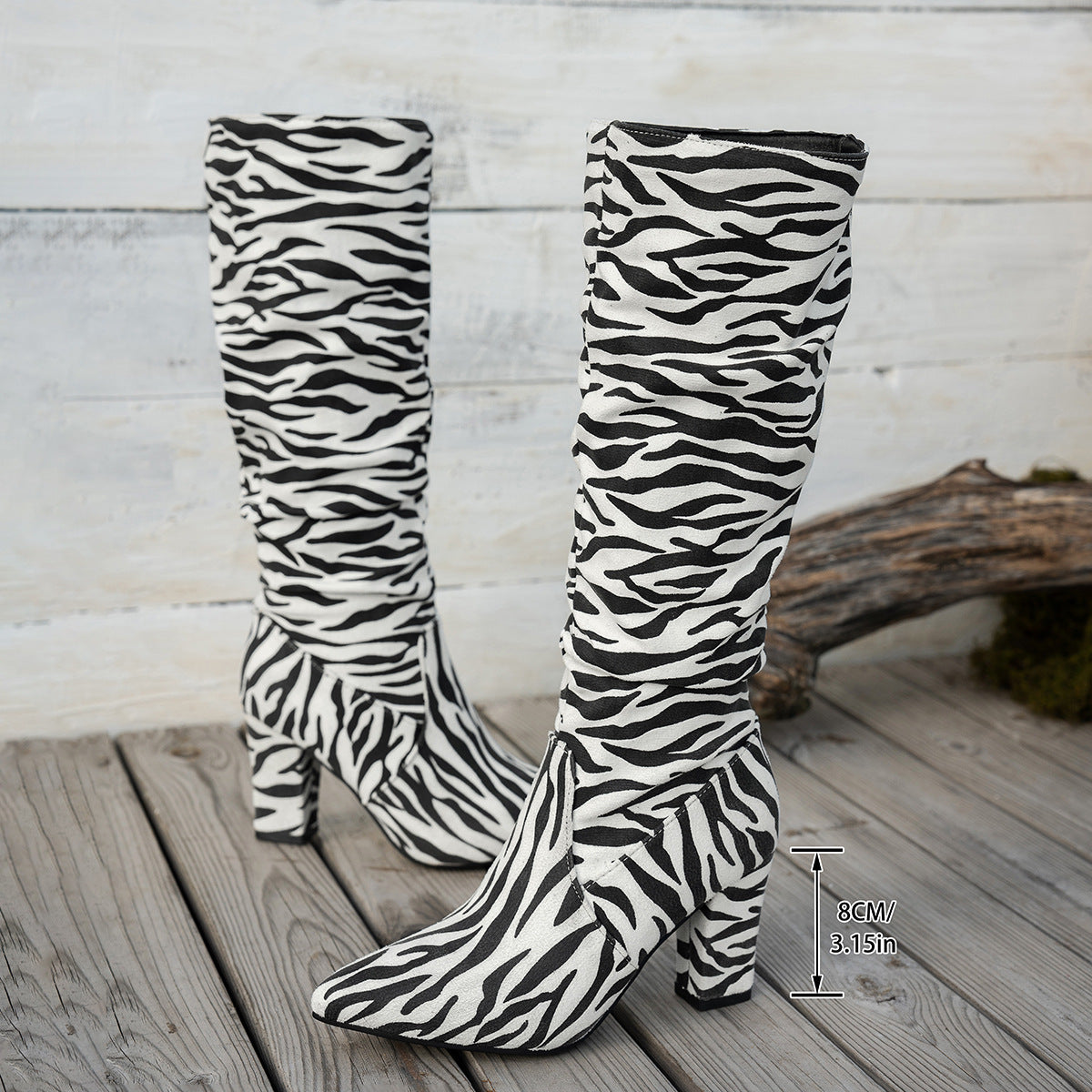 Zebra Print Block Heel Knee High Boots Plus Size High Heel Trendy Boots 7