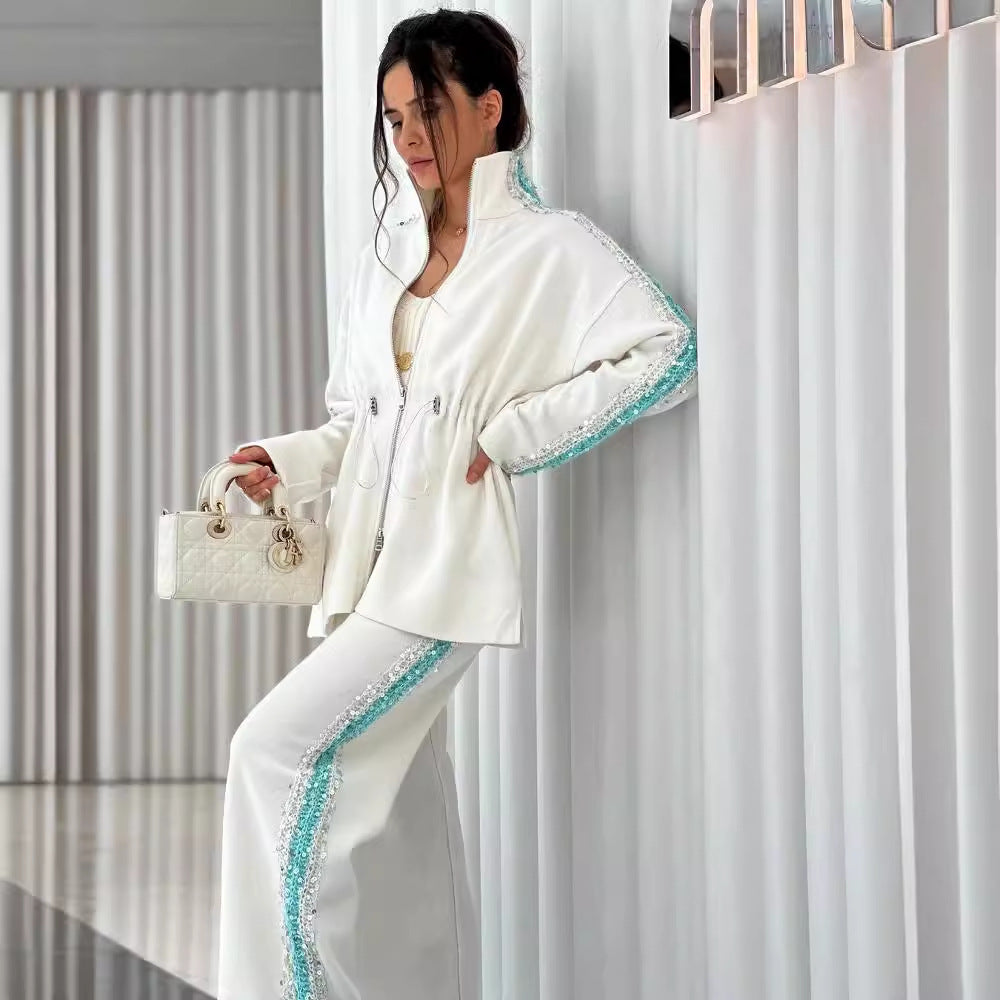 Autumn Fashion Contrast Color Drawstring Elastic Top Casual Pants Two Piece Set 3