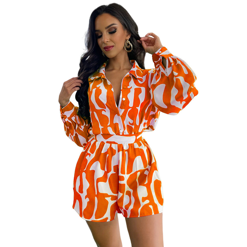 Loose Printed Long Shirt Casual Women's Shorts Set Summer Two-Piece Set 6