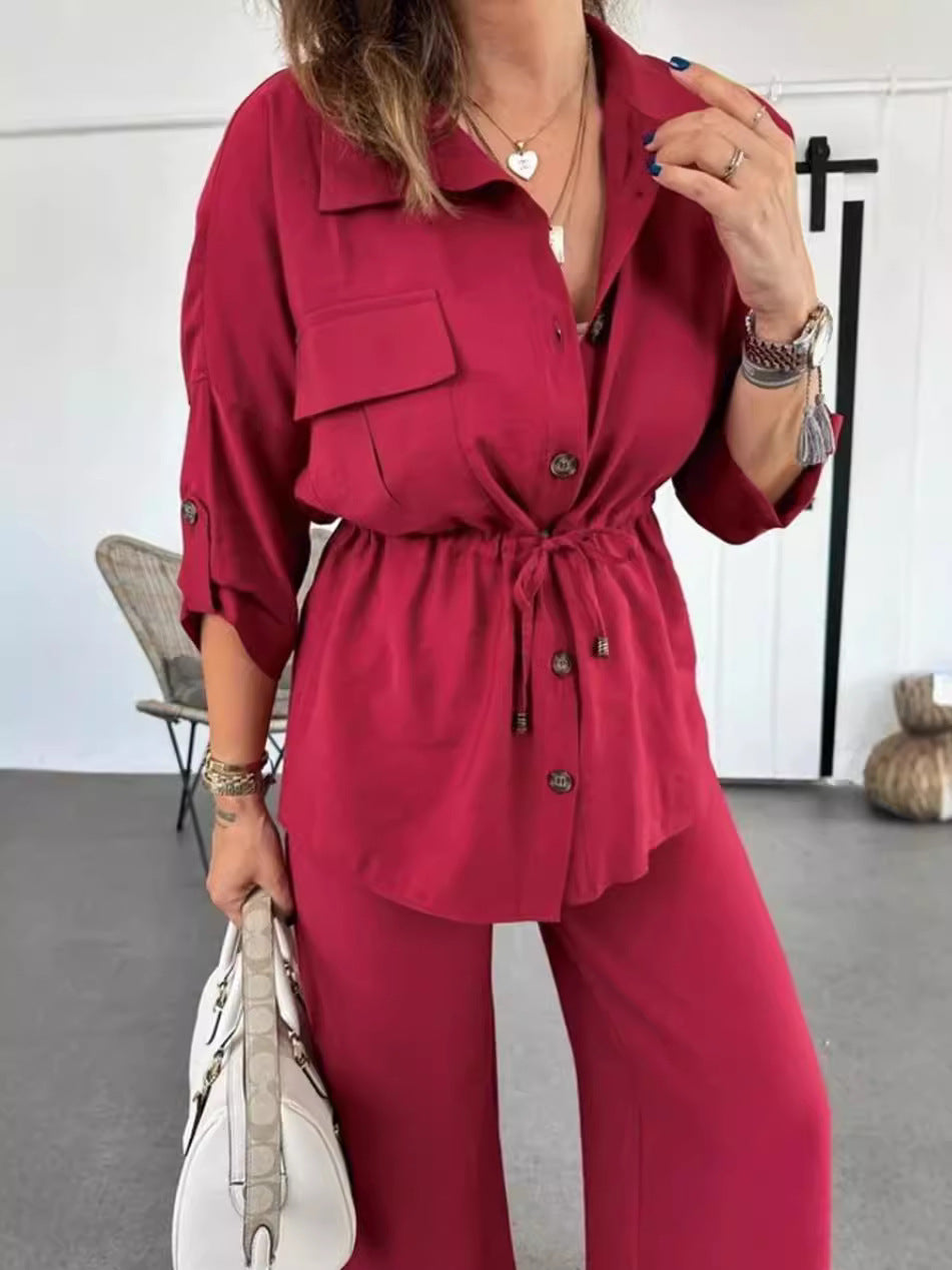Women Autumn Casual Solid Drawstring Patch Pocket Button Top and Pant Two Piece Set 6