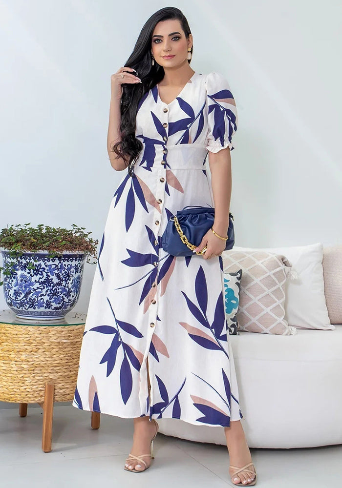 Chic V Neck Short Sleeve Slim High Waist Button Long Dress