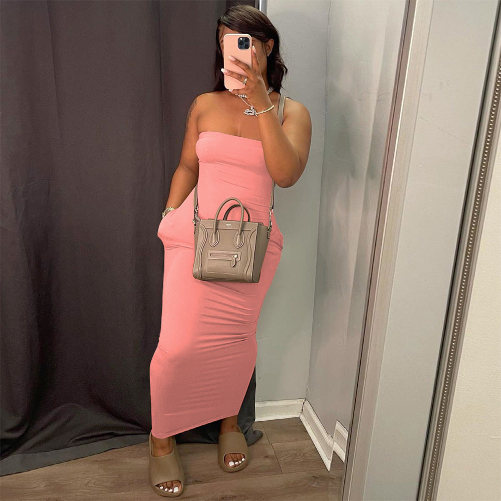 Women's Sexy Solid Color Strapless Dress Fashion Chic Long Dress 7