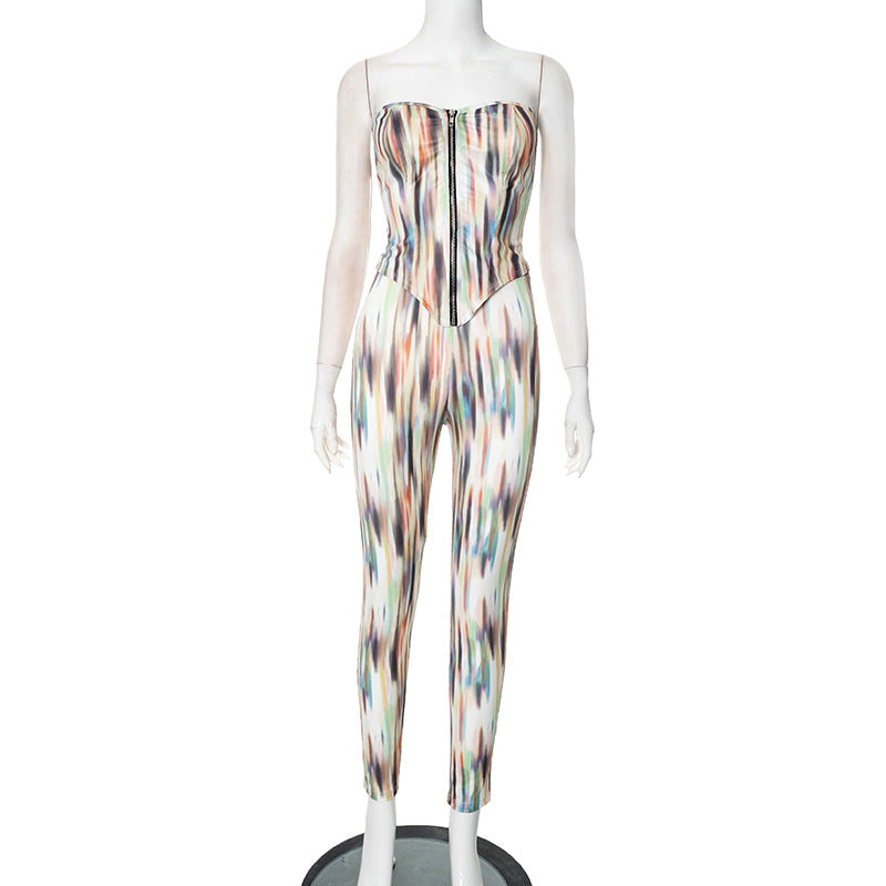 Women spring and summer Strapless off-shoulder zipper tie-dye top and pants two-piece set 5