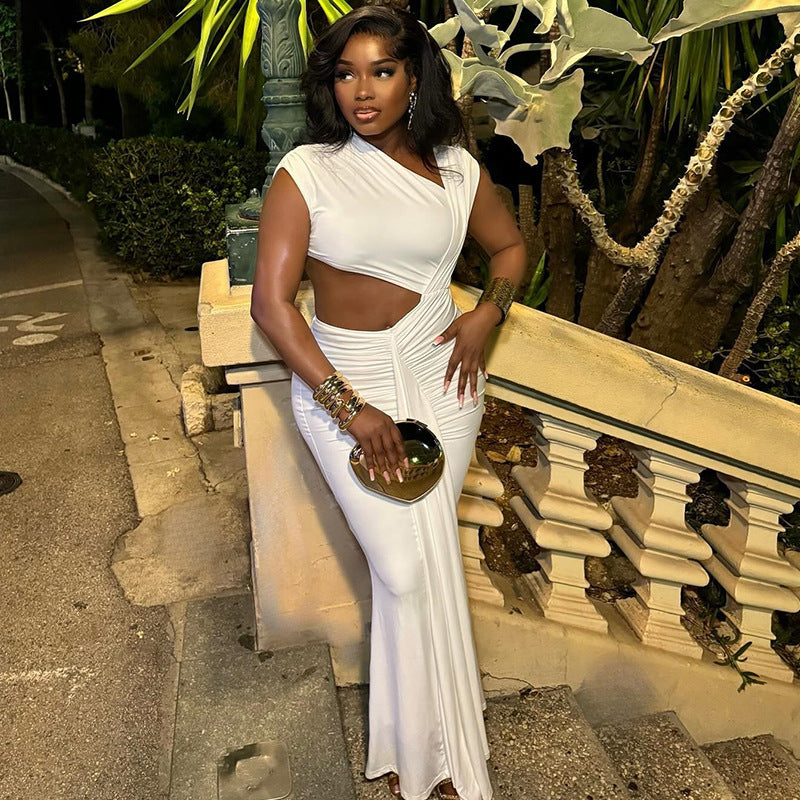 Women's Fashion Solid Color Slash Shoulder Sleeveless Ribbon Fishtail Chic Long Dress 5