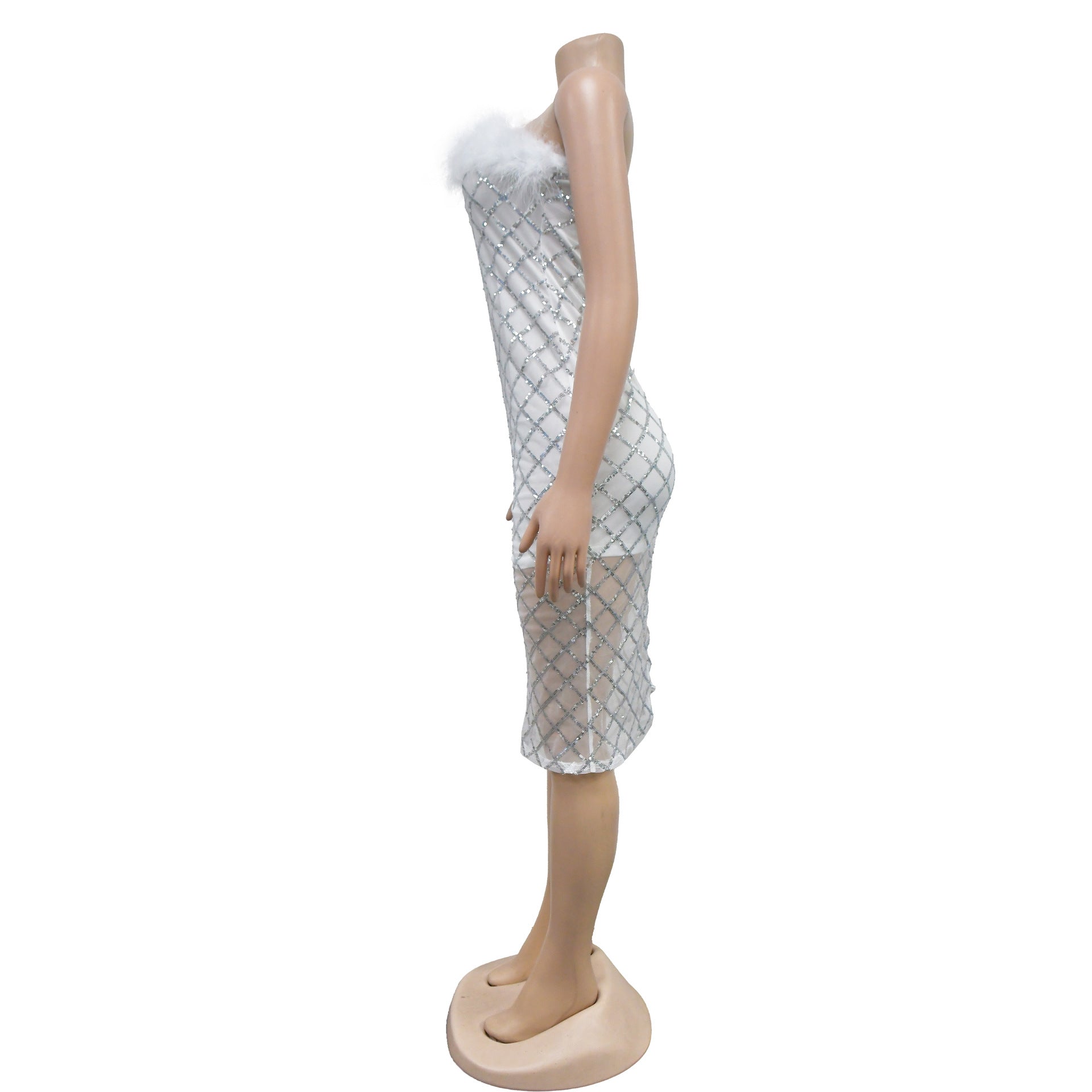 Fashion Women's Sexy Strapless Sequin Feather Dress 14