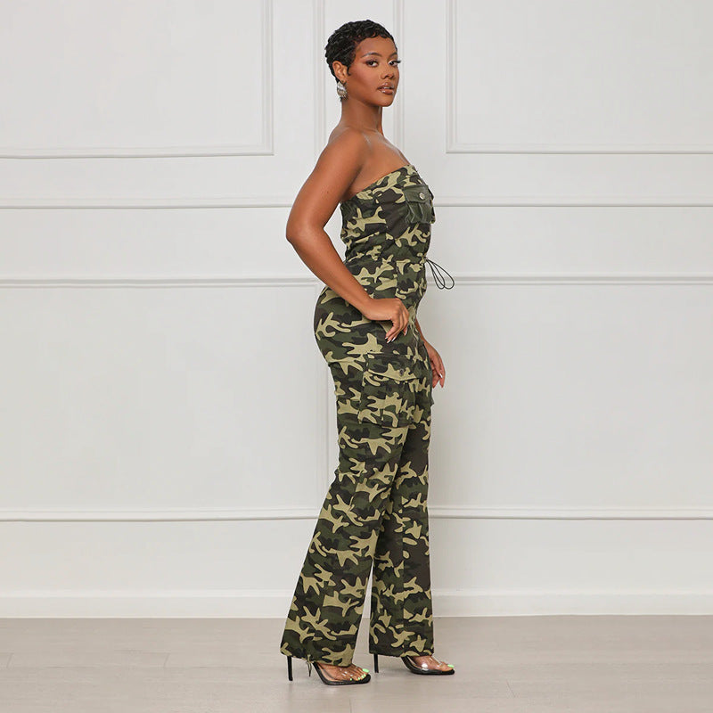 Women Sexy Off-the-Shoulder Zipper Camo Jumpsuit 3
