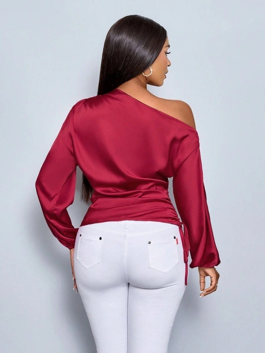 Women's Satin Shirt Asymmetric Slash Shoulder Long-Sleeve Blouse 33