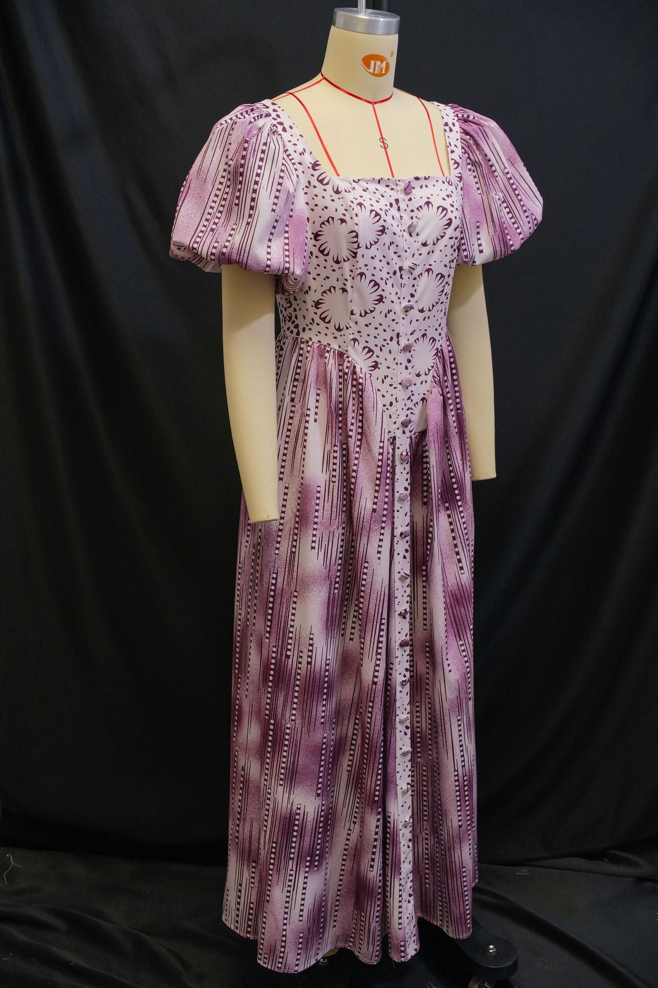 Women's Summer Fashion Square Neck Printed Bubble Sleeve High Waist Dress 5