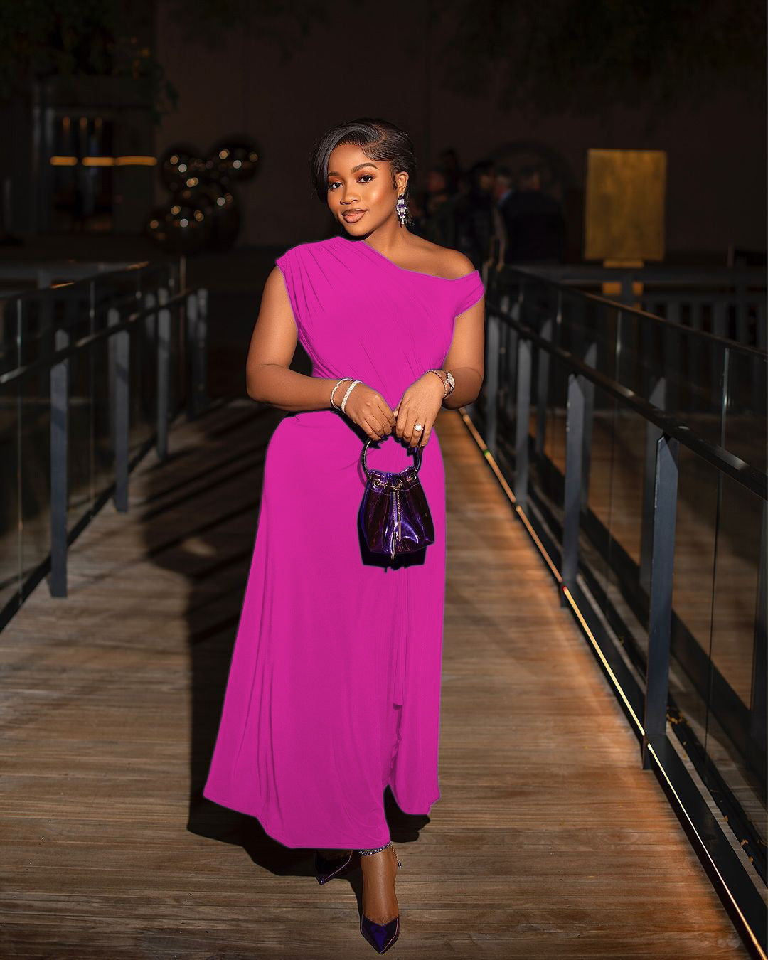 Summer African Women's Solid Color Slash Shoulder Slim Waist Evening Dress 13