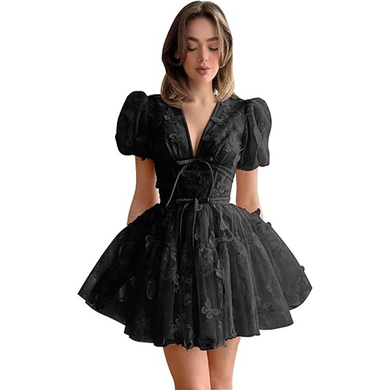 Women bridesmaid dress with flower V-neck short-sleeved dress 3