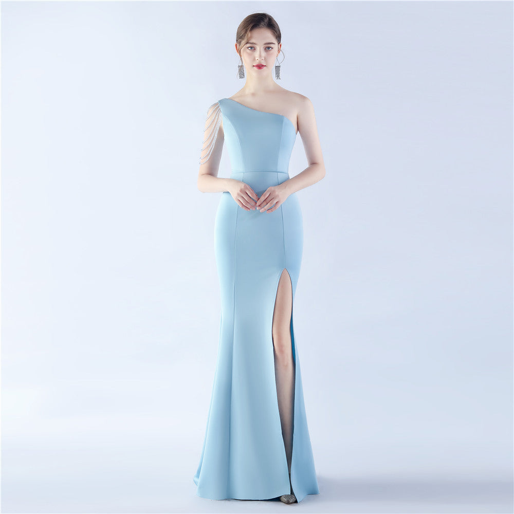 Women Beaded Party Slash Shoulder One Shoulder Slit Evening Dress