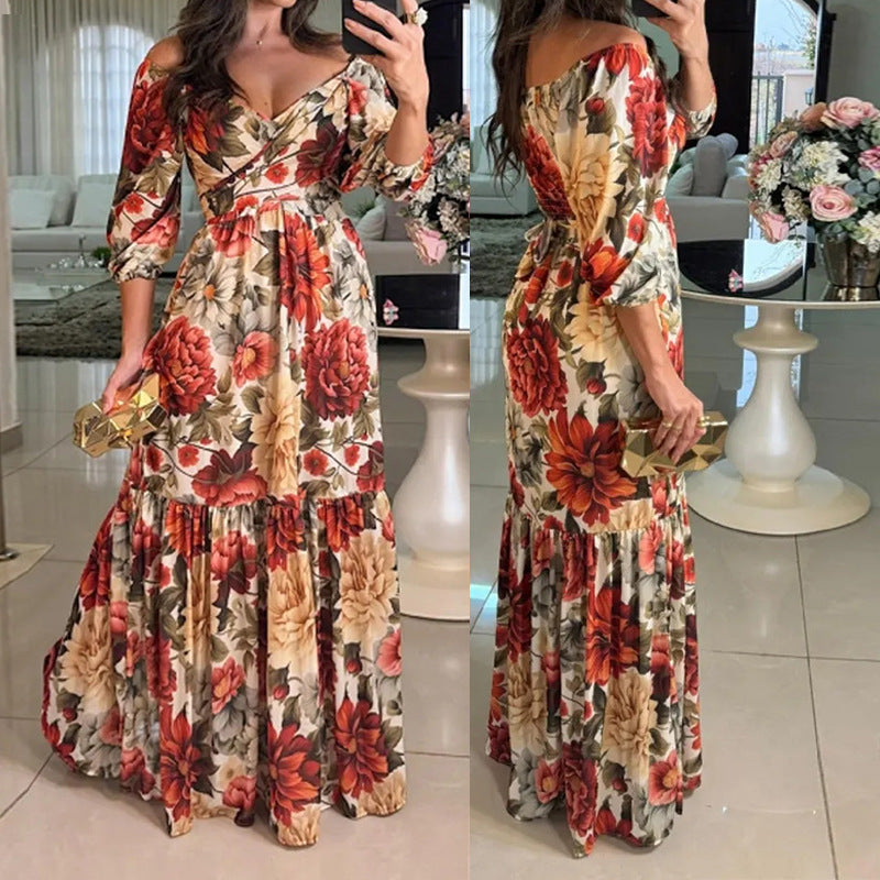 Women summer elegant print lace V neck dress